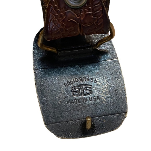 Dark Brown BTS Tooled Leather Western Style Belt with Wild Mustangs Belt Buckle - Picture 5 of 5